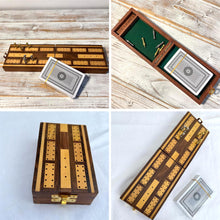 Load image into Gallery viewer, Folding Wooden Cribbage Board and Travel Set with Cards and Metal Scoring Pins – Compact, Portable Cribbage Game Box
