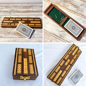 Folding Wooden Cribbage Board and Travel Set with Cards and Metal Scoring Pins – Compact, Portable Cribbage Game Box