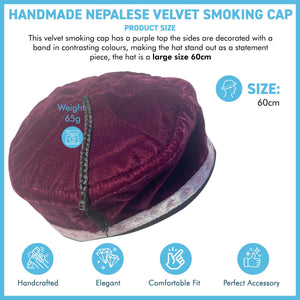 Size 60cm, large, Handmade Nepalese deep purple velvet Smoking Cap with traditional Tibetan design, lightweight, stylish design