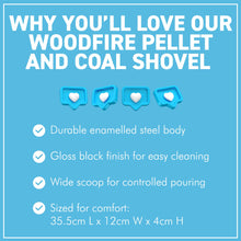 Load image into Gallery viewer, 𝗘𝗡𝗔𝗠𝗘𝗟𝗟𝗘𝗗 𝗦𝗧𝗘𝗘𝗟 𝗪𝗢𝗢𝗗𝗙𝗜𝗥𝗘 𝗣𝗘𝗟𝗟𝗘𝗧 &amp; 𝗖𝗢𝗔𝗟 𝗦𝗛𝗢𝗩𝗘𝗟 – High Gloss Black Metal Scoop| 35.5cm (L) | Dust-Free | Easy Scooping | Durable | BBQ cooking
