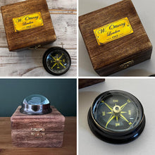 Load image into Gallery viewer, Floating Brass Compass Paperweight in wooden presentation box
