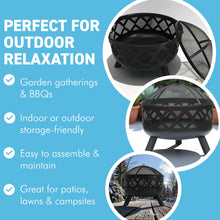 Load image into Gallery viewer, 𝗟𝗔𝗥𝗚𝗘 𝗦𝗧𝗘𝗘𝗟 𝗢𝗨𝗧𝗗𝗢𝗢𝗥 𝗙𝗜𝗥𝗘 𝗣𝗜𝗧 𝗕𝗢𝗪𝗟 | Modern Black Steel Lattice Design with Mesh Cover | Safety Poker &amp; Log Grate included | 𝗪𝗢𝗢𝗗 𝗢𝗥 𝗖𝗛𝗔𝗥𝗖𝗢𝗔𝗟 𝗕𝗨𝗥𝗡𝗘𝗥 for Patio &amp; Garden
