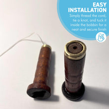 Load image into Gallery viewer, SET OF TWO ANTIQUE BOBBIN LIGHT PULLS,  upcycled from genuine antique bobbins, vintage bathroom ceiling light switch &amp; pull cord, unique piece of history for your bathroom

