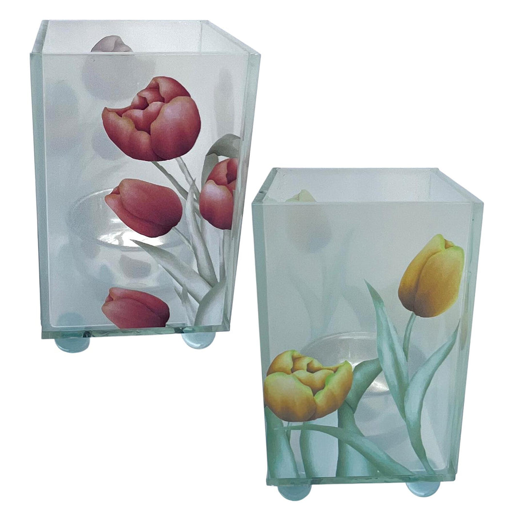 Set of 2 Elegant 1 x Yellow Tulip and 1 x Red Tulip Glass Votive Candle Holders – Decorative Accent for Warm Ambiance, Ideal for Home Decor, Gifts & Special Occasions