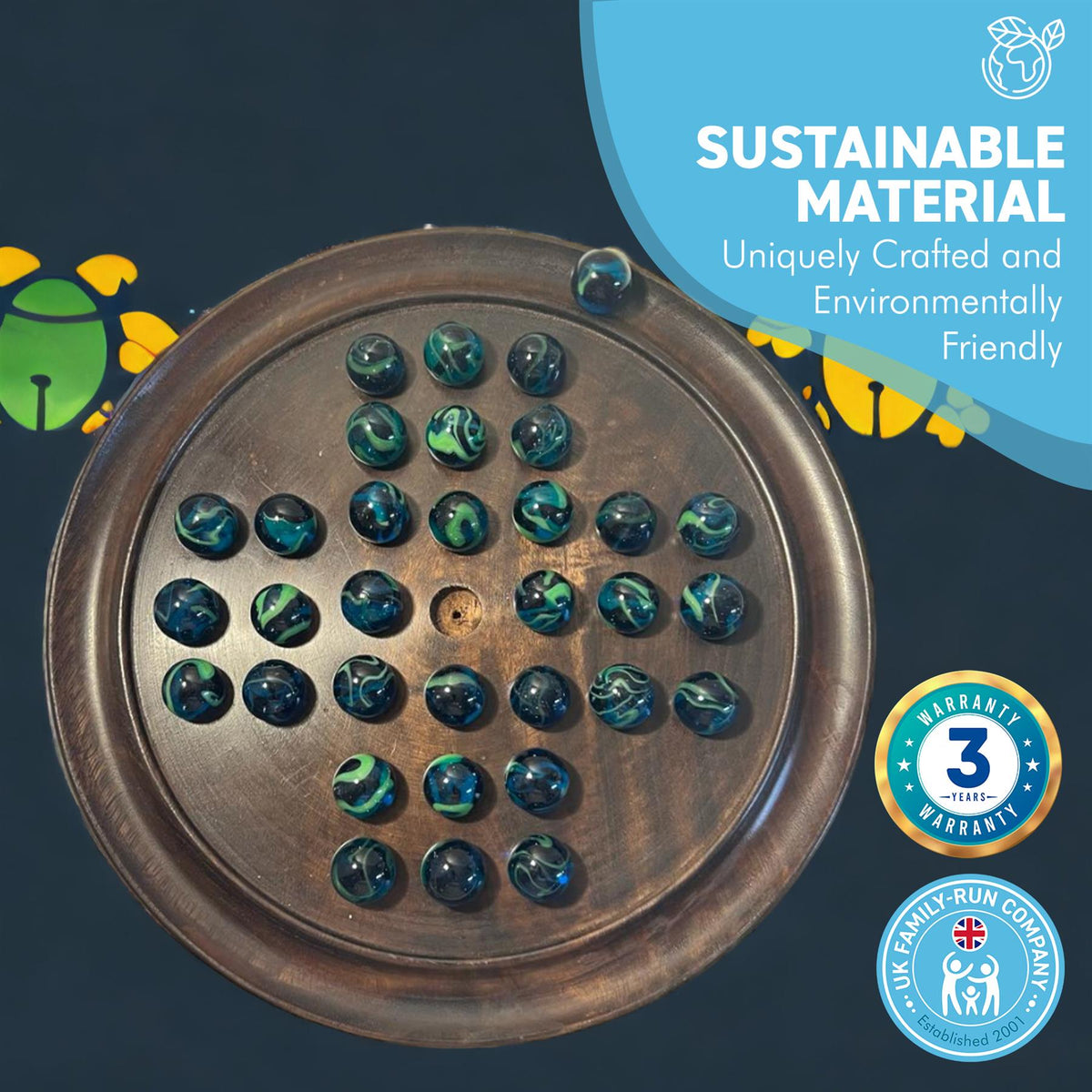 30cm Diameter WOODEN SOLITAIRE BOARD GAME with SEA TURTLE GLASS MARBLE ...
