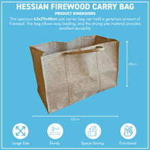 Load image into Gallery viewer, 𝗟𝗔𝗥𝗚𝗘 𝗛𝗘𝗦𝗦𝗜𝗔𝗡 𝗙𝗜𝗥𝗘𝗪𝗢𝗢𝗗 𝗖𝗔𝗥𝗥𝗜𝗘𝗥 𝗕𝗔𝗚 𝟲𝟯𝘅𝟮𝟵𝘅𝟰𝟬𝗰𝗺 | Log Holder Tote Bag with 2 Handles | Fireplace Wood Storage | Fireside Accessories
