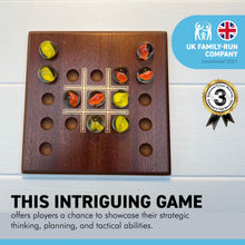 Load image into Gallery viewer, Noughts and Crosses marble game with wooden board | Tic Tac Toe strategy solitaire marble game | includes 10 glass marbles and wooden board | 14cm x 14cm | Strategic and Engaging Twist on a Classic game
