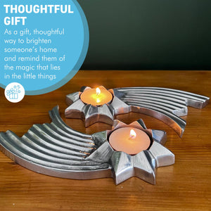 Set of Two Celestial Elegance: Brushed Silver Aluminum Shooting Star Tea Light Candle Holders,  Modern Decorative Accent