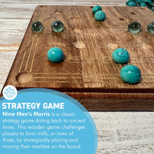 Load image into Gallery viewer, Nine Mans Morris marble game with wooden board | Quirky strategy solitaire marble game | includes 20 glass marbles and wooden board | 14cm x 14cm | Mill Game | Traditional wooden game
