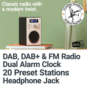 DAB, DAB+ Digital and FM Radio | Mains Powered DAB Radio with LED Display | Majority Barton 2 Kitchen and Bedside Digital Radio | Small Radio with Dual Alarms, Snooze Function, 20 Pre-sets | Black