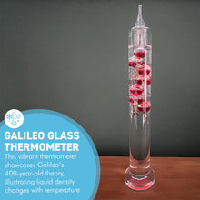 Load image into Gallery viewer, 30cm Tall Free Standing Galileo Thermometer with seven red floating globes | measures temperatures from 16 degrees Centigrade to 28 degrees | also in Fahrenheit | Weather station | Water Thermometer
