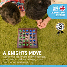 Load image into Gallery viewer, Knights marble game with wooden board | Played using the Knights move as in chess | Quirky solitaire marble game | includes 24 glass marbles and wooden board | 14cm x 14cm
