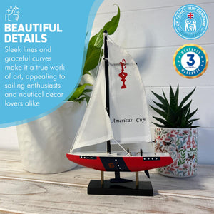 BACK AND RED HULL HULL NO 6 AMERICAS CUP MODEL YACHT | Sailing | Yacht | Boats | Models | Sailing Nautical Gift | Sailing Ornaments | Yacht on Stand | 33cm (H) x 21cm (L) x 4cm (W)