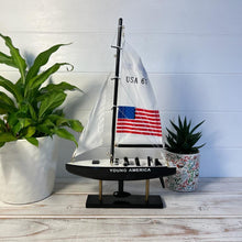 Load image into Gallery viewer, YOUNG AMERICA AMERICAS CUP MODEL YACHT | Sailing | Yacht | Boats | Models | Sailing Nautical Gift | Sailing Ornaments | Yacht on Stand | 33cm (H) x 21cm (L) x 4cm (W)
