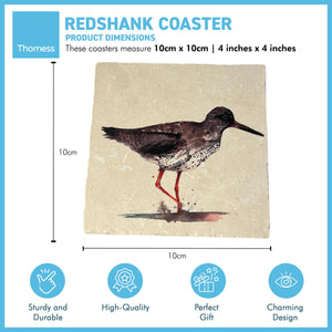 REDSHANK STONE COASTER | Stone Coasters | Animal novelty gift | Coaster for glass, mugs and cups| Square coaster for drinks | Bird gift | Meg Hawkins art | 10cm x 10cm