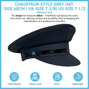 Size 60cm | Large Light Grey Chauffeur Style Peaked Cap | Traditional style ideal for weddings, school proms and special events| Driving Cap | UK size 7 3/8| US size 7 1/2