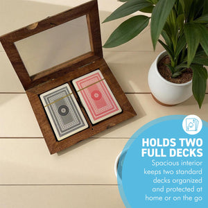 𝗟𝗨𝗫𝗨𝗥𝗬 𝗪𝗢𝗢𝗗𝗘𝗡 𝗣𝗟𝗔𝗬𝗜𝗡𝗚 𝗖𝗔𝗥𝗗 𝗕𝗢𝗫 – 2 Decks, Brass Inlay, clear hinged lid