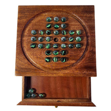 Load image into Gallery viewer, Wooden Solitaire with Drawer for Traditonal Green Marbles | Travel Games | Strategic &amp; Traditional Games | Perfect for Adults &amp; Family Fun
