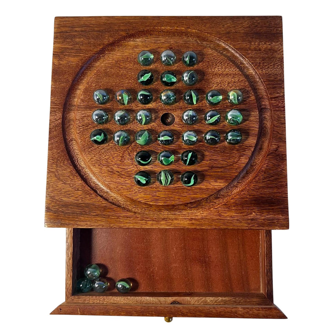 Wooden Solitaire with Drawer for Traditonal Green Marbles | Travel Games | Strategic & Traditional Games | Perfect for Adults & Family Fun