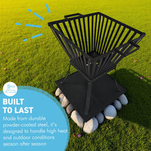 Load image into Gallery viewer, 𝗛𝗘𝗔𝗩𝗬 𝗗𝗨𝗧𝗬 𝗦𝗧𝗘𝗘𝗟 𝗦𝗧𝗔𝗡𝗗𝗜𝗡𝗚 𝗙𝗜𝗥𝗘 𝗕𝗔𝗦𝗞𝗘𝗧 𝘄𝗶𝘁𝗵 𝗔𝘀𝗵 𝗧𝗿𝗮𝘆 𝗛𝟰𝟱 𝘅 𝗪𝟯𝟵𝗰𝗺 | Fire Pit | Raised Design | 4-Leg Base | Easy Assembly | Outdoor Fire Bowl
