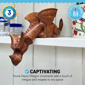 Large natural wooden shelf dragon | Dragon shelf sitter | 23cm × 17cm | Hand carved in Bali | Detailed carvings and lifelike features | Dragon ornament decoration | Dragon statute
