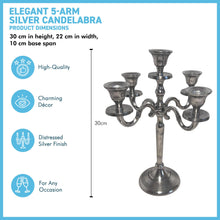 Load image into Gallery viewer, Elegant 5-Arm Silver Candelabra, 30cm – Distressed Nickel Finish Metal Candle Holder for Table Decor, Weddings &amp; Events
