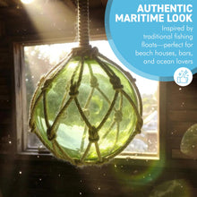 Load image into Gallery viewer, DEEP GREEN GLASS FISHING FLOAT ORNAMENTAL SEA BUOY | hand blown | nautical seafaring fishing rustic décor | 10cm diameter | with rustic brown string netting and hanging loop
