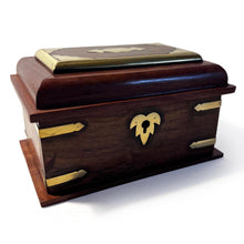 Load image into Gallery viewer, Wooden lockable Trinket Box with brass inlay, decorative detailing, and key for secure storage
