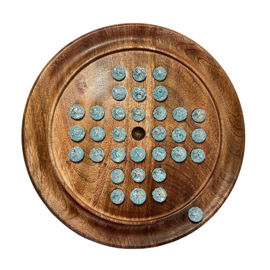 22cm Diameter wooden SOLITAIRE BOARD GAME with SNOWFLAKE GLASS MARBLES | classic wooden solitaire game | strategy board game | family board game | games for one | board games