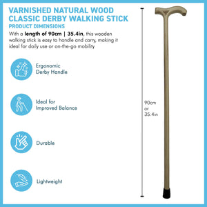 Varnished Natural Wood Classic Derby Walking Stick, solid, lightweight wooden stick with rubber ferrule for stability and comfort