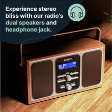 Load image into Gallery viewer, DAB, DAB+ Digital Radio with FM | Mains Powered and Portable with 15 Hours of Playback and Stereo Speakers | Majority Girton 2 Portable DAB Radio | LED Screen with Dual Alarm and 20 Pre-sets | Oak
