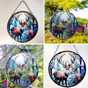 6-Inch Stained Glass Suncatcher with Reindeer Design, Handcrafted Holiday Decor