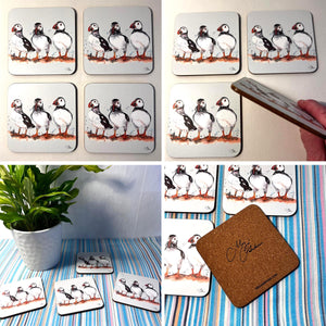 Set of 4 x Cork Coasters with Watercolour Design of Puffins, Wildlife Coaster