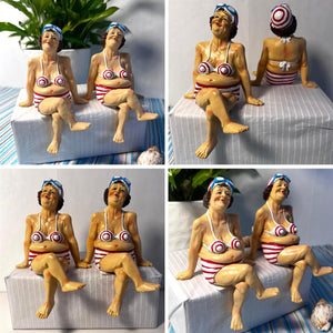 2 Fat Bathing Ladies in Red Striped Bikinis, Novelty Bathroom Figurines