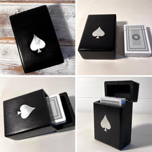 Load image into Gallery viewer, Handcrafted wooden playing card box in black with Ace of Spades design, stylish storage for card enthusiasts
