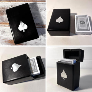 Handcrafted wooden playing card box in black with Ace of Spades design, stylish storage for card enthusiasts