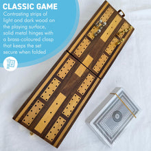 Load image into Gallery viewer, Folding Wooden Cribbage Board and Travel Set with Cards and Metal Scoring Pins – Compact, Portable Cribbage Game Box
