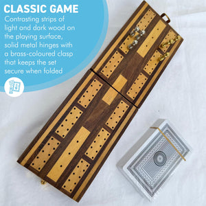 Folding Wooden Cribbage Board and Travel Set with Cards and Metal Scoring Pins – Compact, Portable Cribbage Game Box