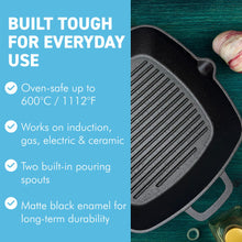 Load image into Gallery viewer, Premium 𝗖𝗔𝗦𝗧 𝗜𝗥𝗢𝗡 𝗚𝗥𝗜𝗟𝗟 𝗣𝗔𝗡 𝟮𝟰𝗖𝗠 – Heavy Duty Square Griddle with Dual Handles for Induction, Oven &amp; BBQ
