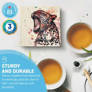 LEOPARD STONE COASTER | Stone Coasters | Animal novelty gift | Coaster for glass, mugs and cups| Square coaster for drinks | Leopard gift | Meg Hawkins art | 10cm x 10cm