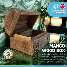 Load image into Gallery viewer, Mango Wood Treasure KeepsakeMANGO WOOD TREASURE CHEST KEEPSAKE BOX | Jewellery Box | Trinket Box | Treasure Chest | Wooden Box | Keepsake Box | Decorative Floral Embossed   Chest Box
