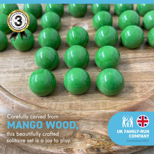 30cm Diameter MANGO WOOD SOLITAIRE BOARD GAME with Pea Green Glass Marbles | |classic wooden solitaire game | strategy board game | family board game | games for one | board games