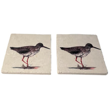 Load image into Gallery viewer, 2 x REDSHANK STONE COASTERS | Stone Coasters | Animal novelty gift | Coaster for glass, mugs and cups| Square coaster for drinks | Bird gift | Meg Hawkins art | 10cm x 10cm
