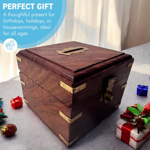 Handcrafted Wooden Money Box, Square Coin Piggy Bank, Decorative Savings Storage, Secure and Durable Safe for Coins