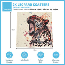 Load image into Gallery viewer, 2 x LEOPARD STONE COASTERS | Stone Coasters | Animal novelty gift | Coaster for glass, mugs and cups| Square coaster for drinks | Leopard gift | Meg Hawkins art | 10cm x 10cm
