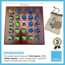 Load image into Gallery viewer, Knights marble game with wooden board | Played using the Knights move as in chess | Quirky solitaire marble game | includes 24 glass marbles and wooden board | 14cm x 14cm
