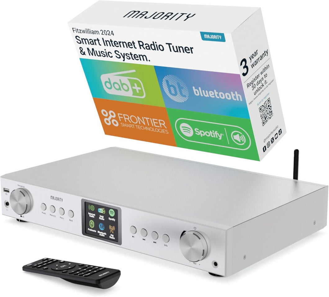 Bluetooth Internet Radio with DAB+ | Digital Tuner for Hifi Stack | FM, Spotify Connect, Podcasts | 90+ Presets, Colour LED Display | USB, AUX, RCA | Remote Control | MAJORITY Fitzwilliam 2024 Silver