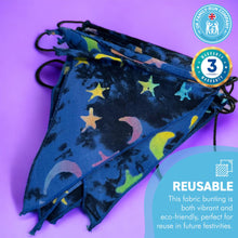 Load image into Gallery viewer, MYSTIC SKY BUNTING | Fabric Bunting | Reusable Decorations | Stars and Moons | Blue Bunting | Party decorations | Eco Decorations
