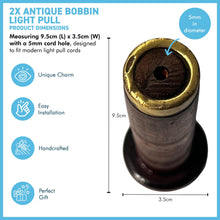 Load image into Gallery viewer, SET OF TWO ANTIQUE BOBBIN LIGHT PULLS,  upcycled from genuine antique bobbins, vintage bathroom ceiling light switch &amp; pull cord, unique piece of history for your bathroom
