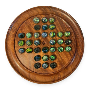 POLISHED WOODEN SOLITAIRE SET WITH MIXED COLOURED GLASS MARBLES | Wooden Games | Marble Games | Games for One | Traditional Games